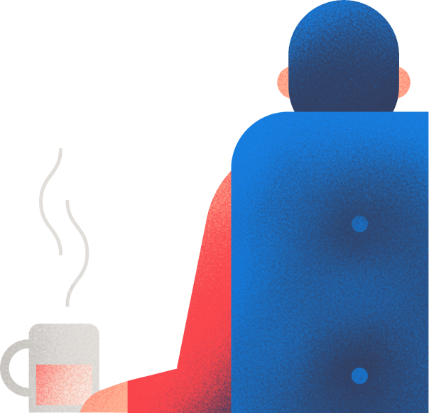 Illustration of a man sitting in a chair with a cup of coffee